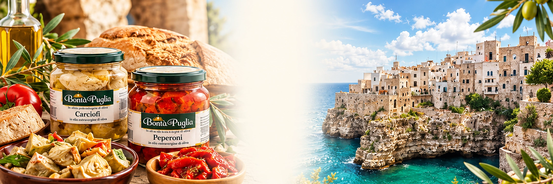 I vasi Bontà di Puglia con verdure e pane, accanto al mare e al borgo di Polignano
